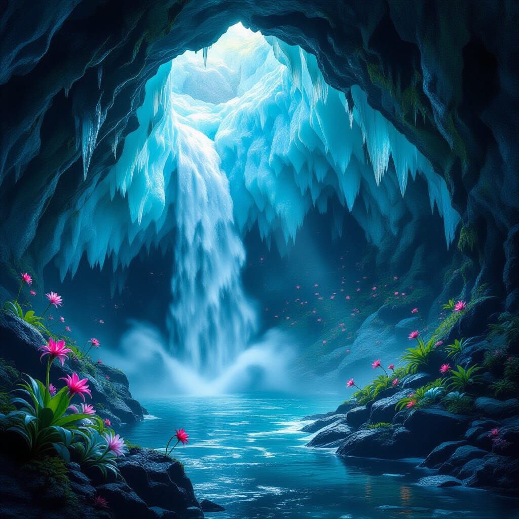 Magical Glacier Cave Waterfall with Carnivorous Plants