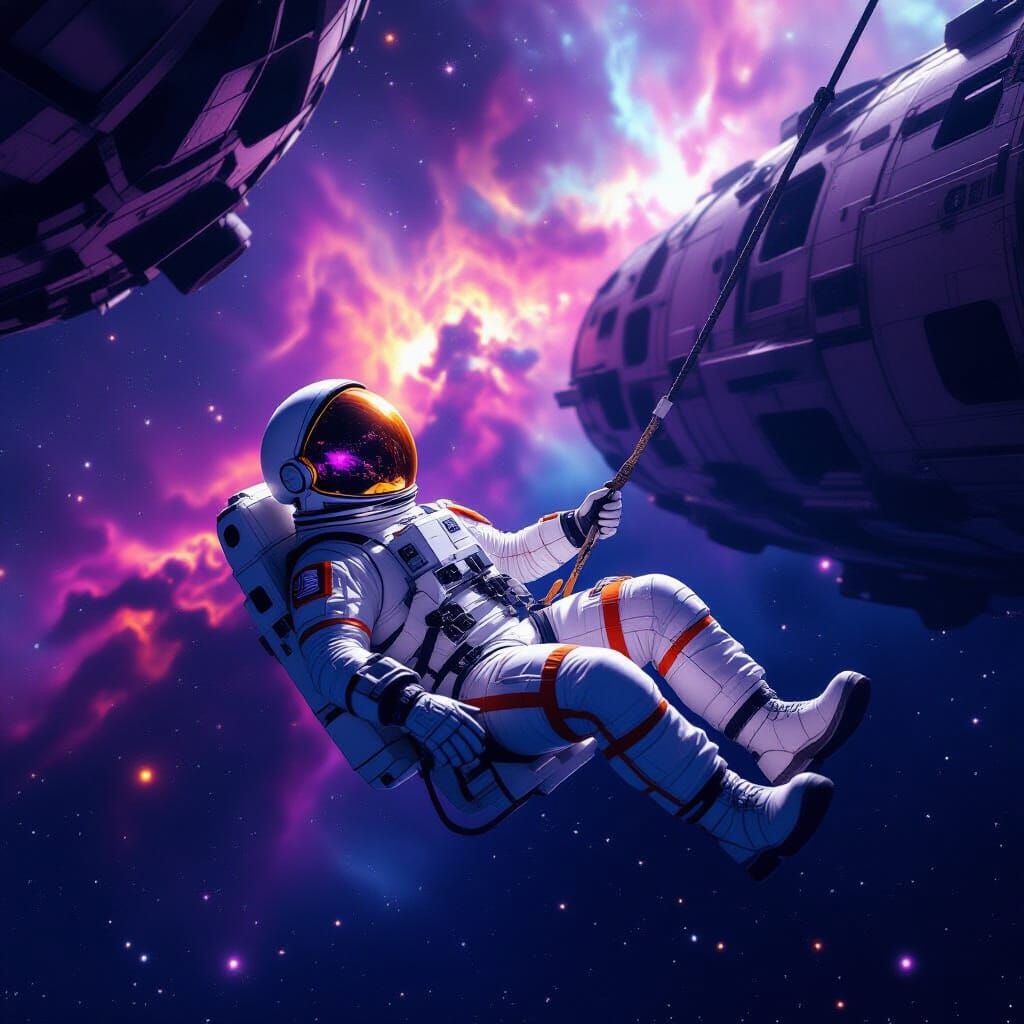 A lone astronaut adrift in the void of space, tethered to a colossal, derelict spacecraft. Nebulae of vibrant purples and deep indigos swirl...