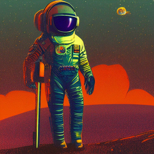 Glowing Astronaut Amidst Cosmic Ruins in Triadic Colors