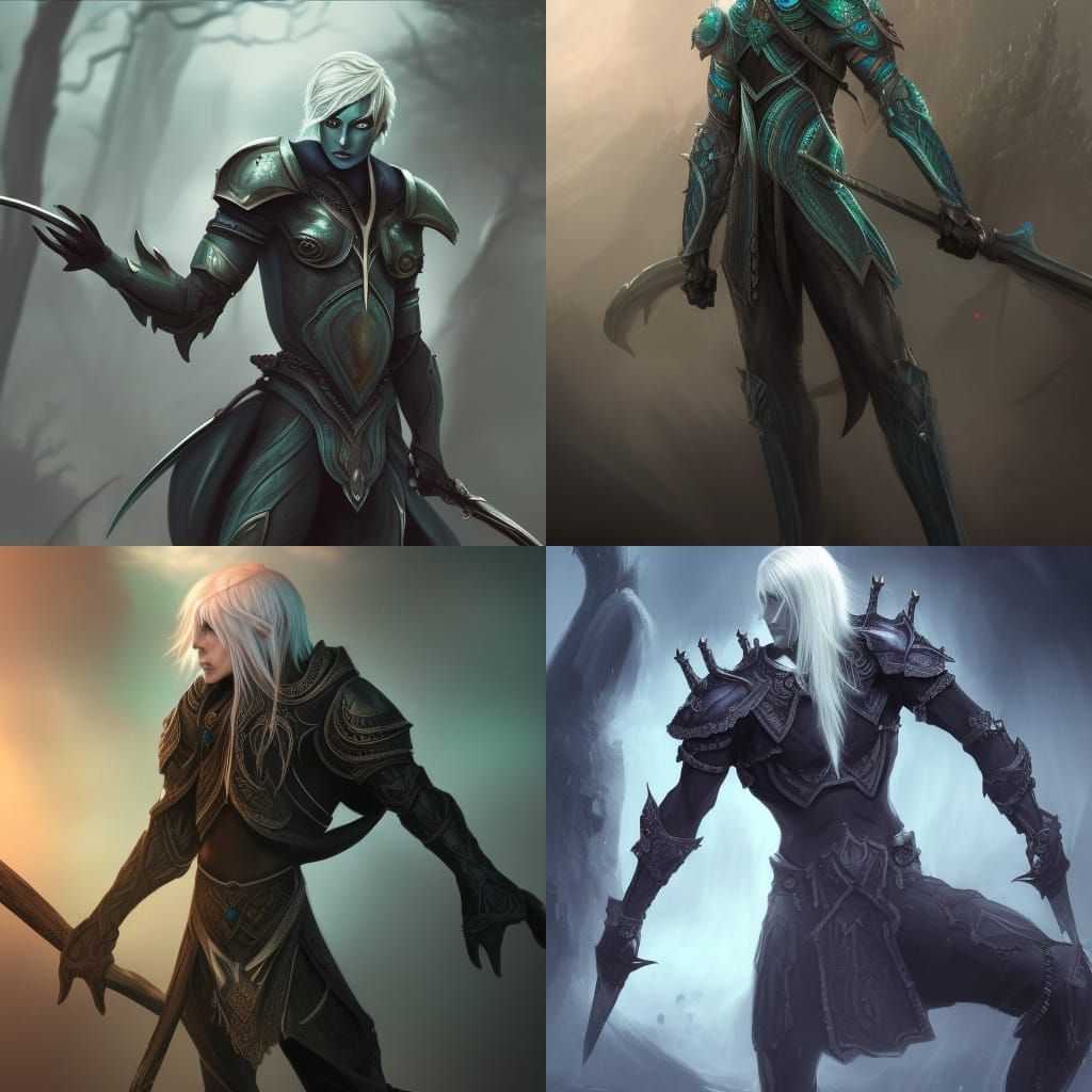 Male, Drow, Fighter, Short White Hair, Green Eyes, Dark Leather Armour 