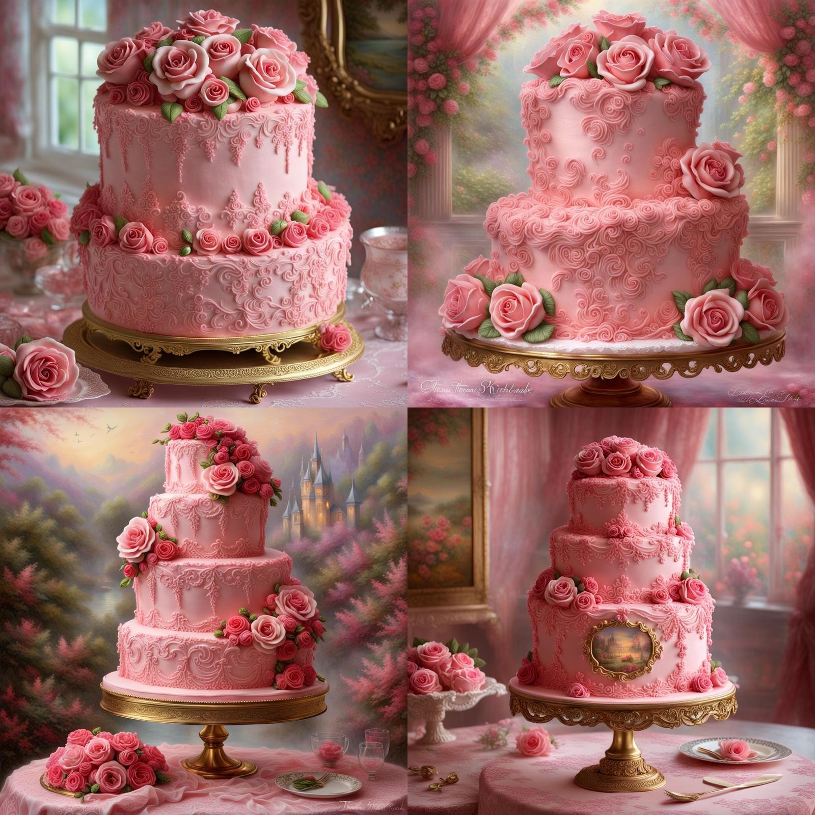 Elegant pink cake, with red frosting roses, beautiful - AI