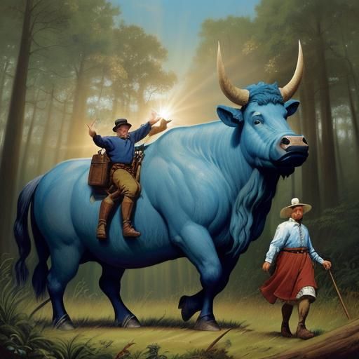 Babe the big blue ox and the lumberjack, Paul Bunyan AI Generated