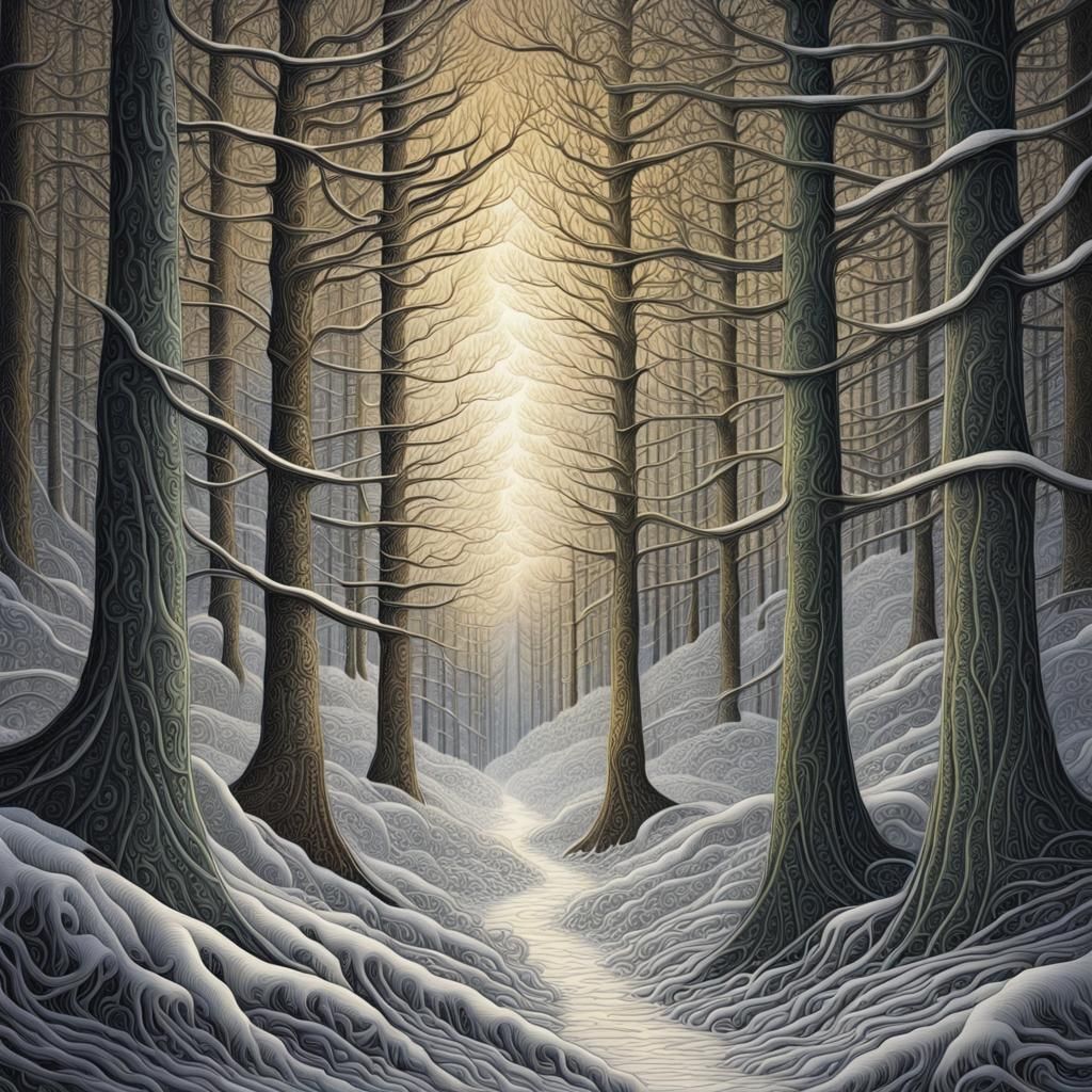 a warm light in the dark snowy pine forest, by Ian Miller an...