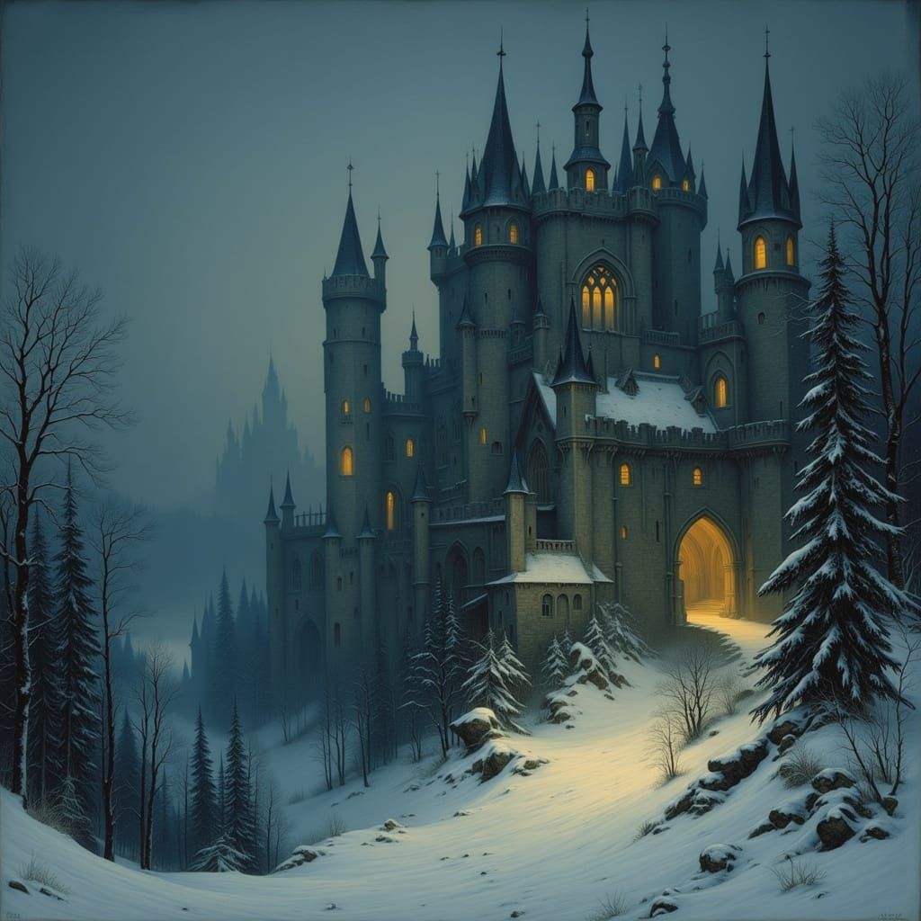 Medieval Castle in Dreamlike Winter Snowfall