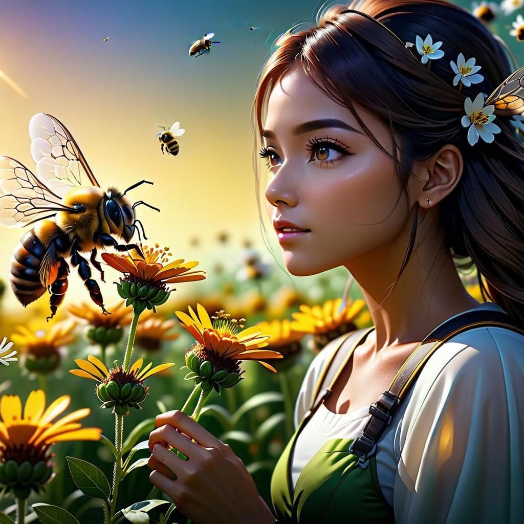 A fuzzy bee, drawn by the sweet nectar, dipped and soared through the sea of blossoms, while the girl watched in fascination.  by @Phantazia