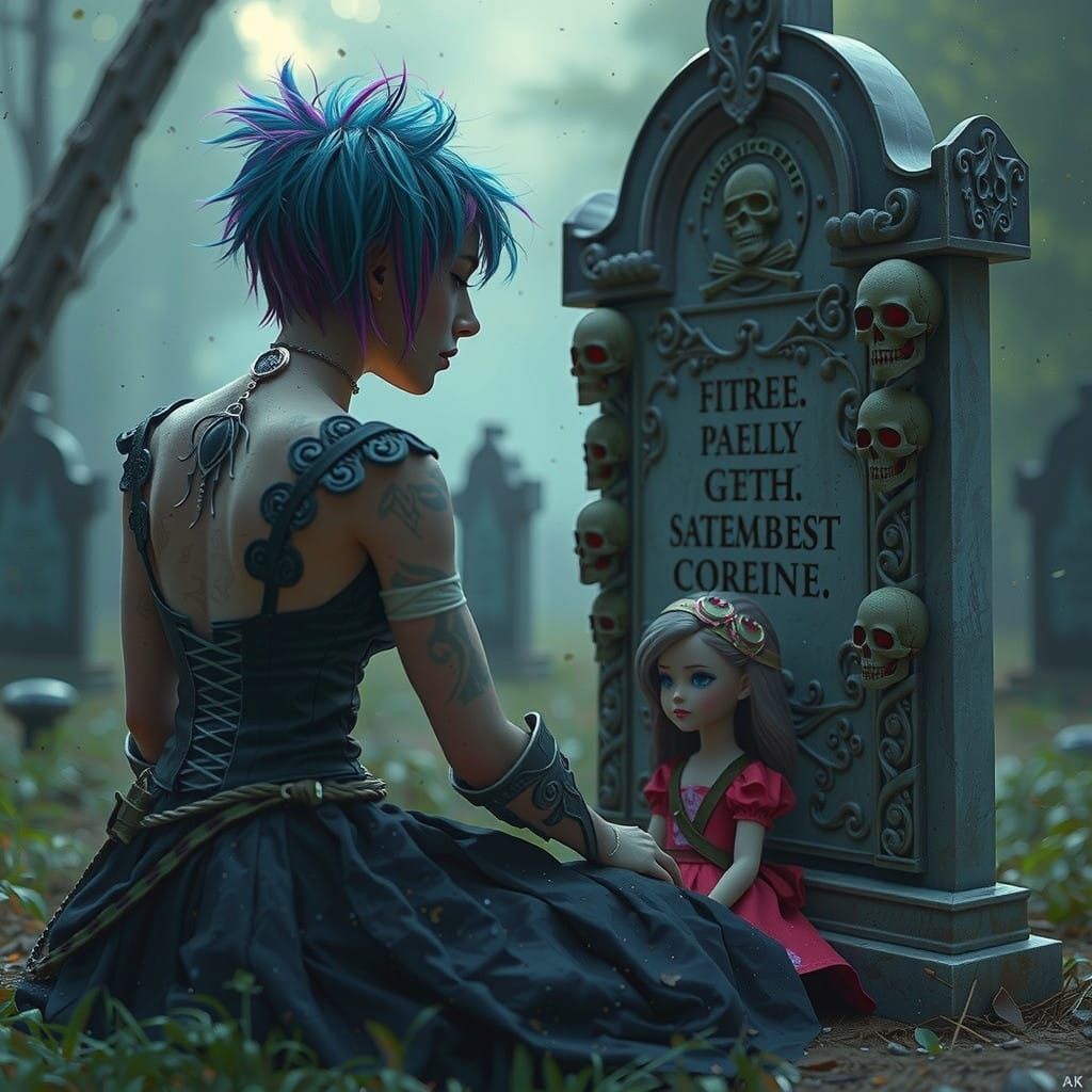 Fantastical Woman Amidst Cemetery Gravestones in a Vibrant, ...