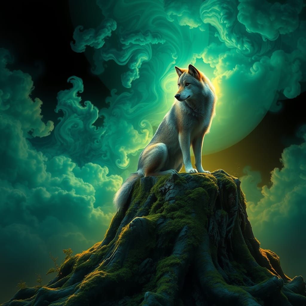 Mystical Wolf Contemplation in a Fantastical Landscape
