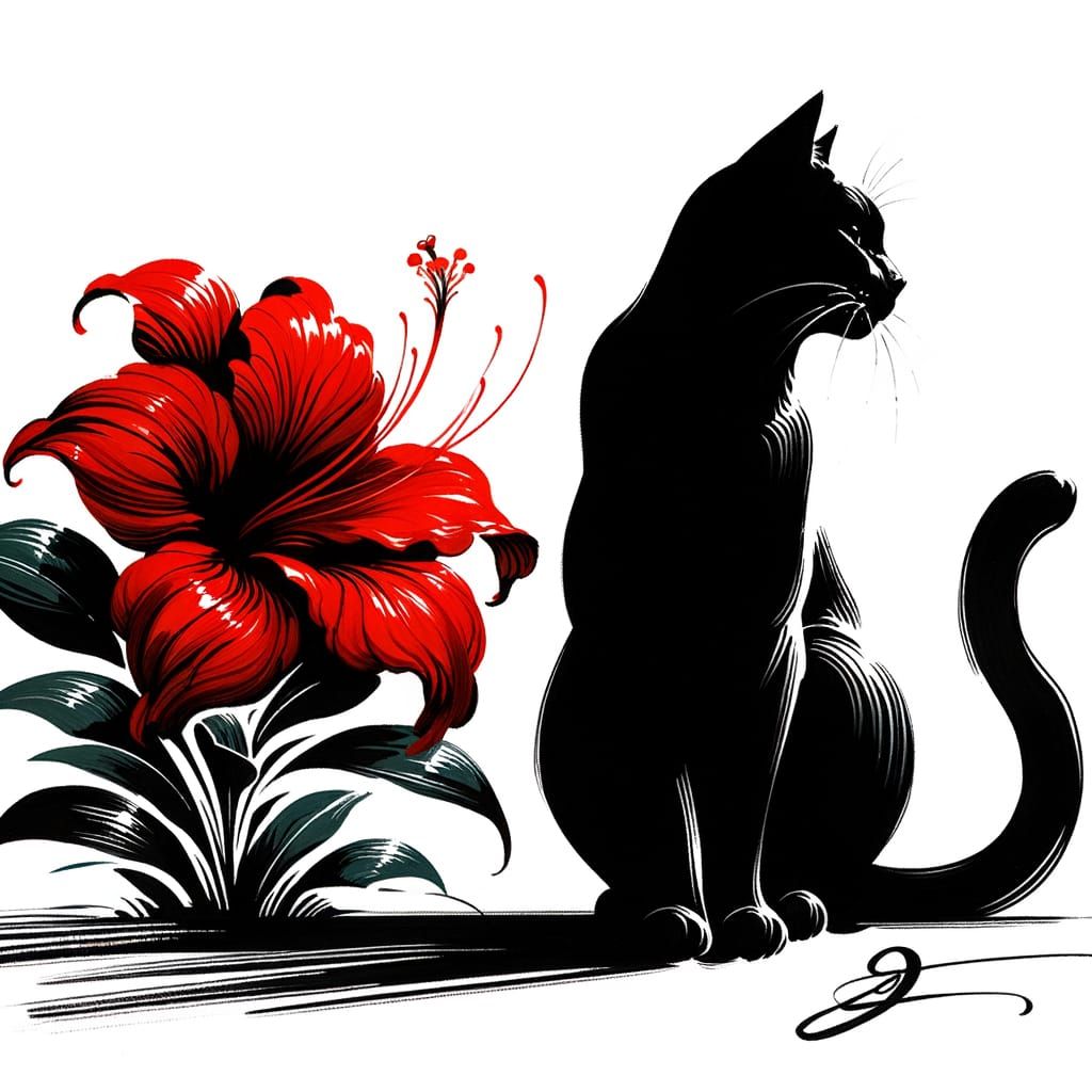 Elegant Black Cat Amidst Vibrant Red Bloom