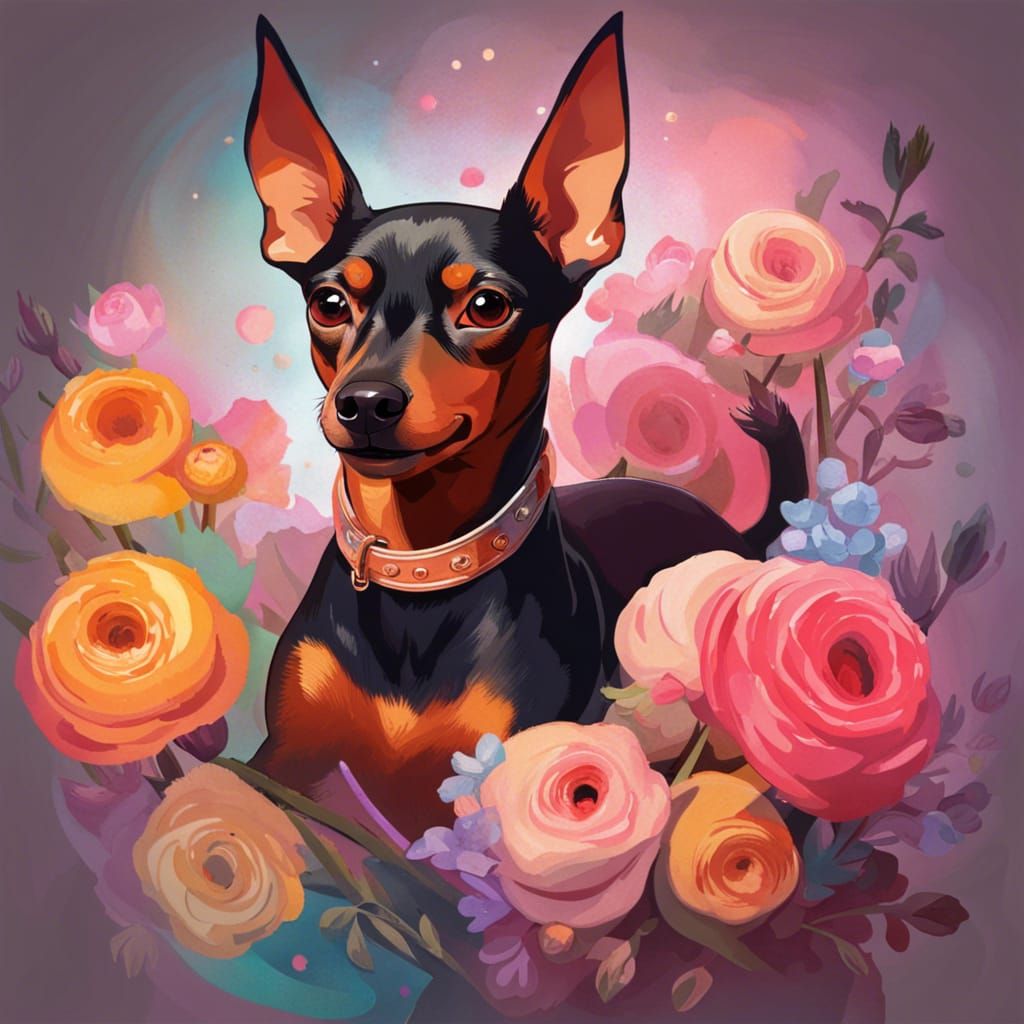 Two small happy pinscher jumping in a realistic beautiful st...