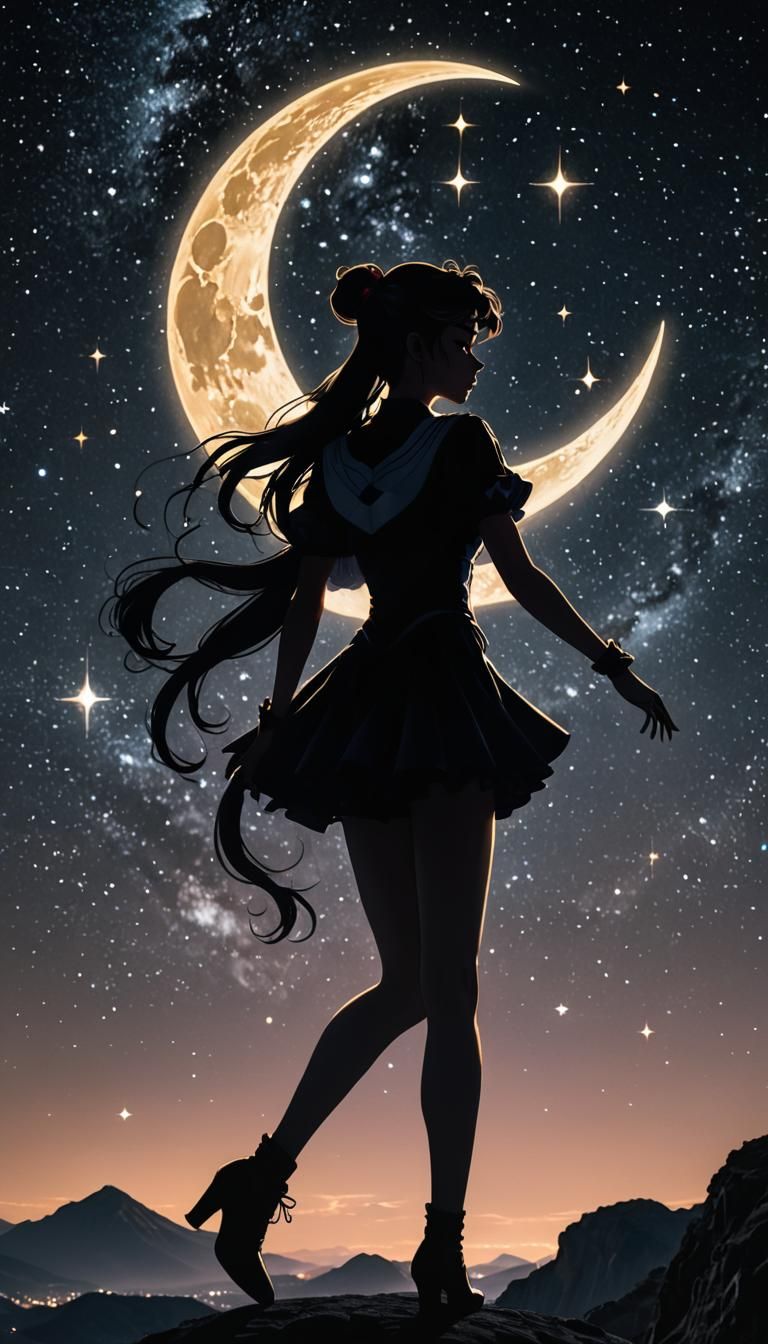 Double exposure a crescent moon in front of a Silhouette Sai...