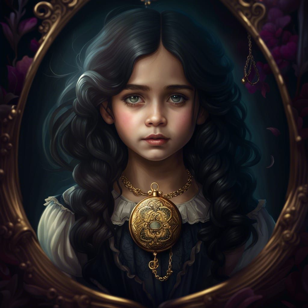 Portrait of a beautiful little Victorian girl with black loc...