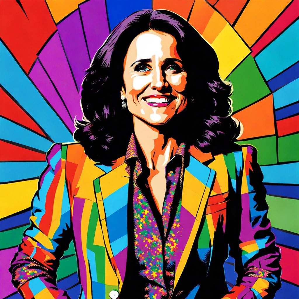 Julia Louis-Dreyfus in rainbow suit, pop art rendition