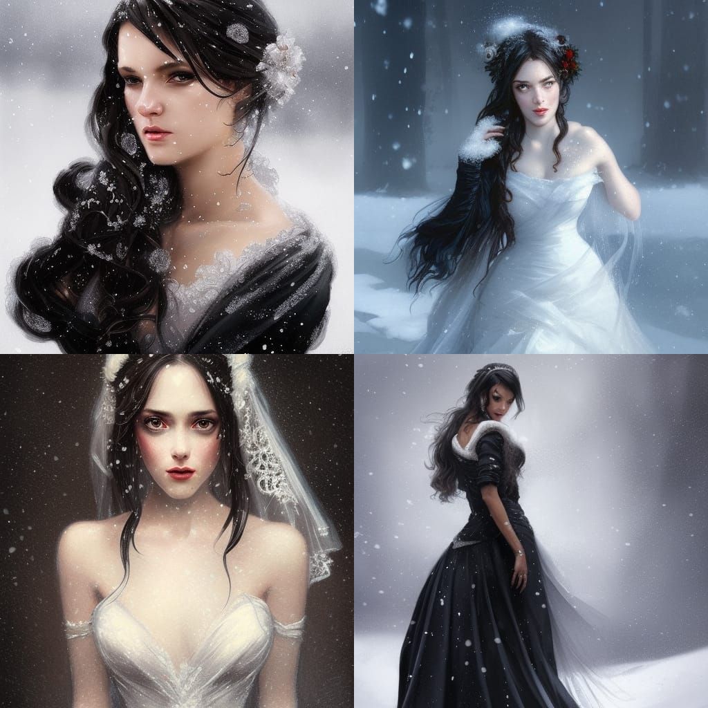 A bride in a black wedding gown standing in the snow