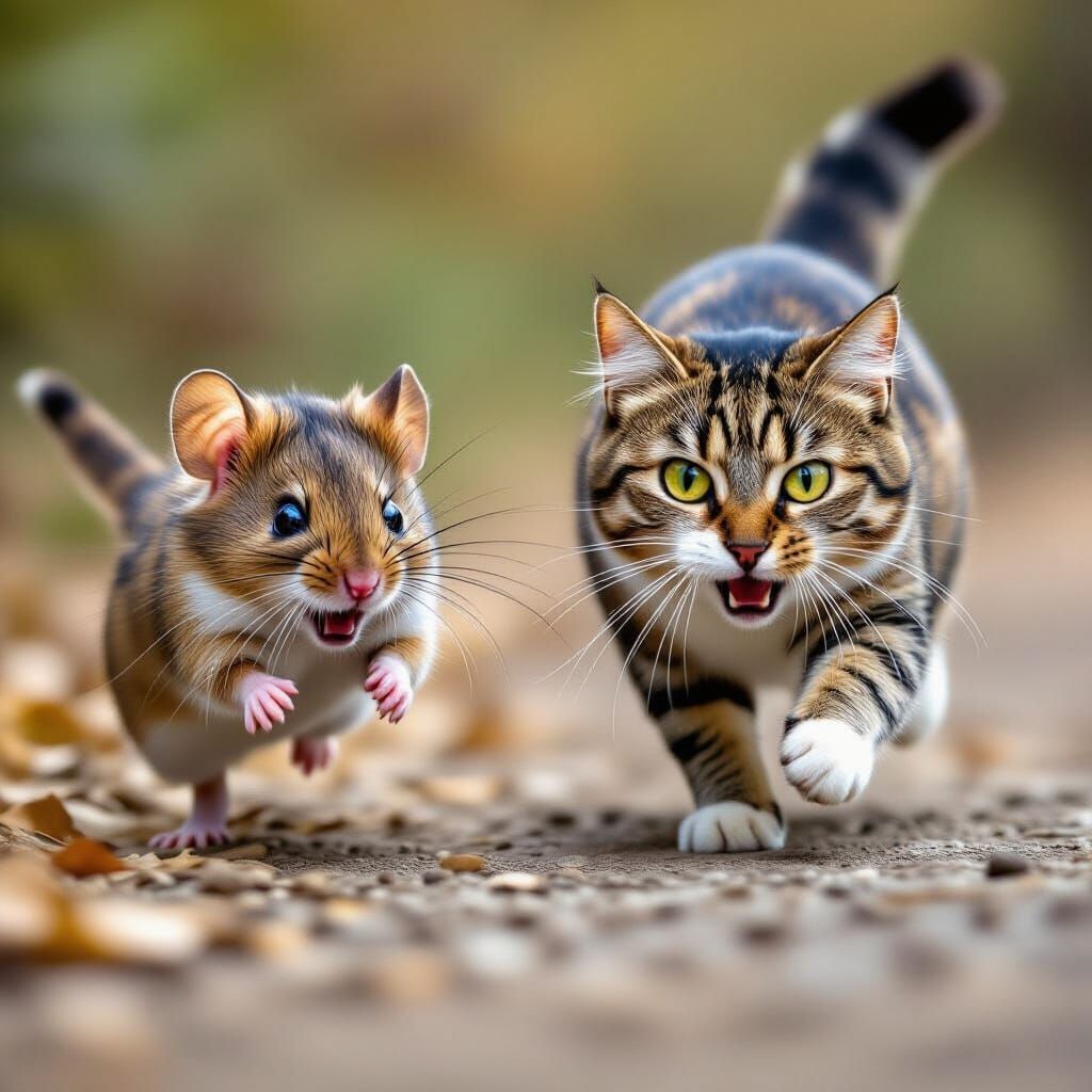 Fierce Mouse Chases Frightened Cat in Dynamic Photorealistic...
