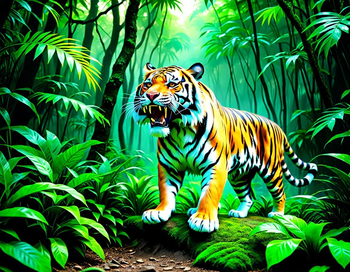 wide  shot of one tiger perfect anatomy in Indian jungle dio...