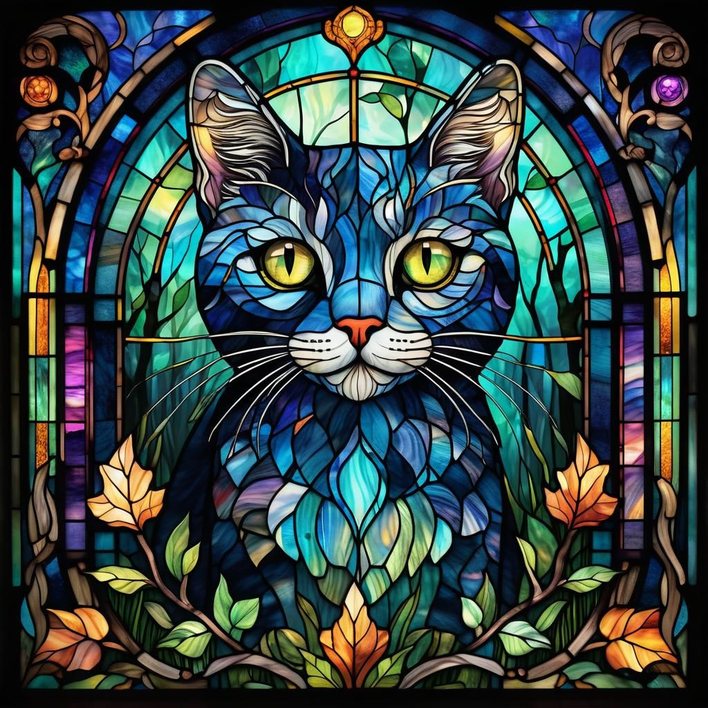  Stained glass portrait of a cat.  by @Karracaz