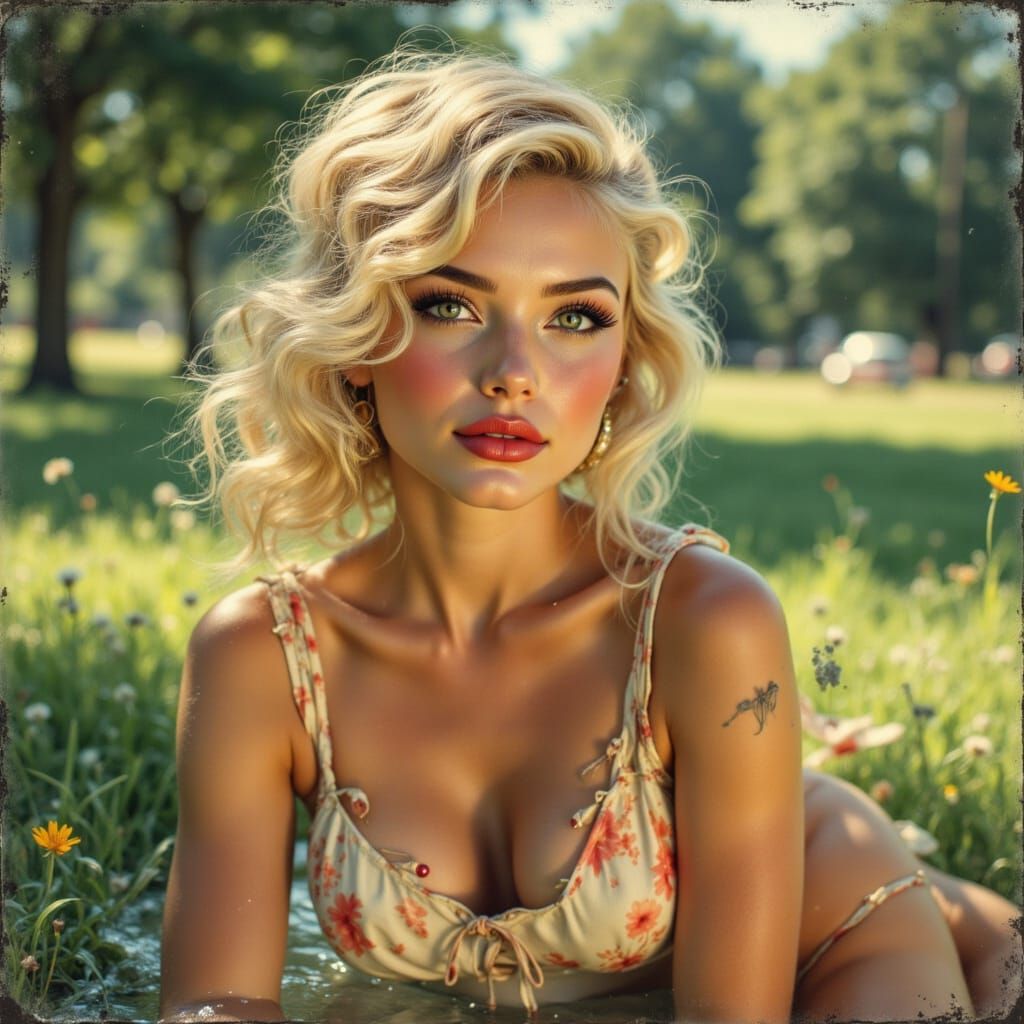 1950s Pin-Up in Park with Bold Gaze, Glitch Art Style