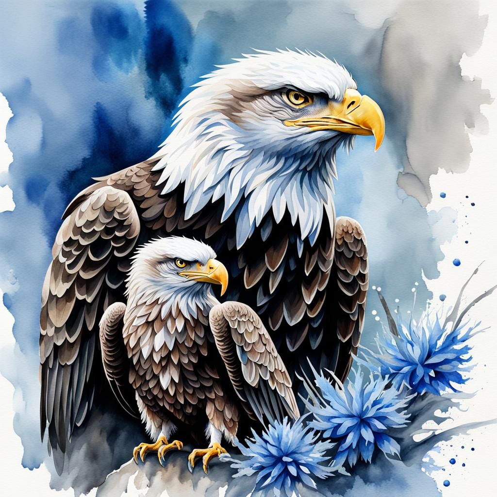 Watercolor painting of an eagle mother protecting her eaglet...