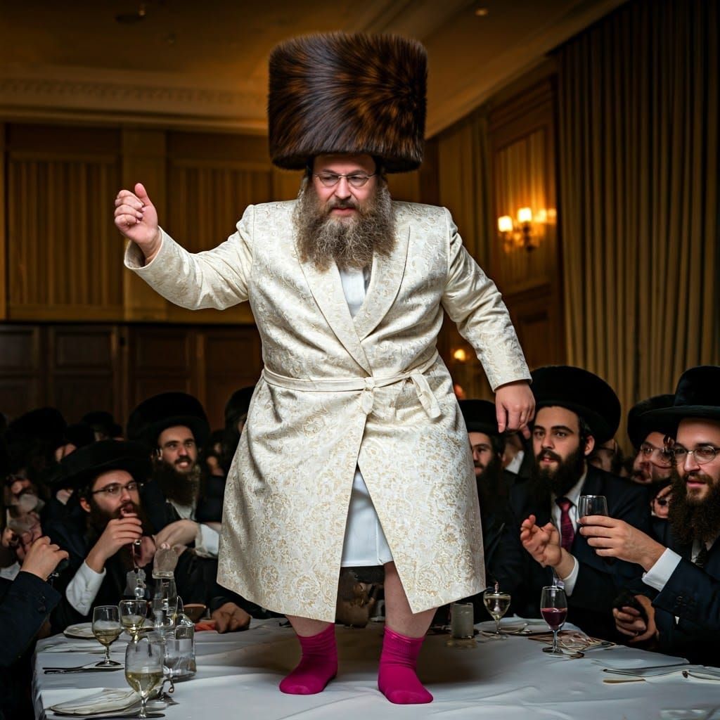 Jovial Hasidic Gentleman Dancing on Table in Vibrant White S...
