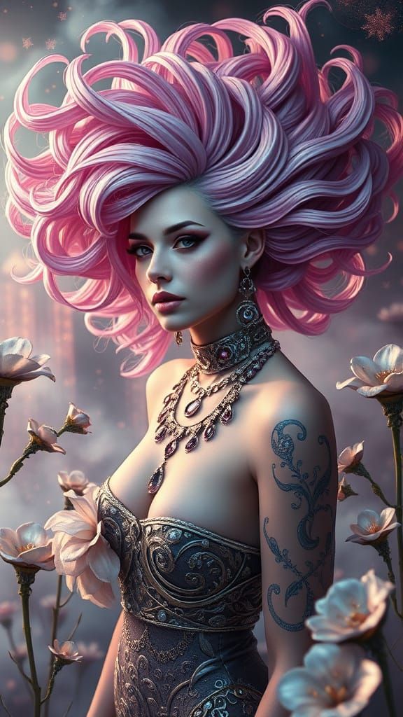 A gender-bending figure with flowing, fractalized hair stands in a surreal garden