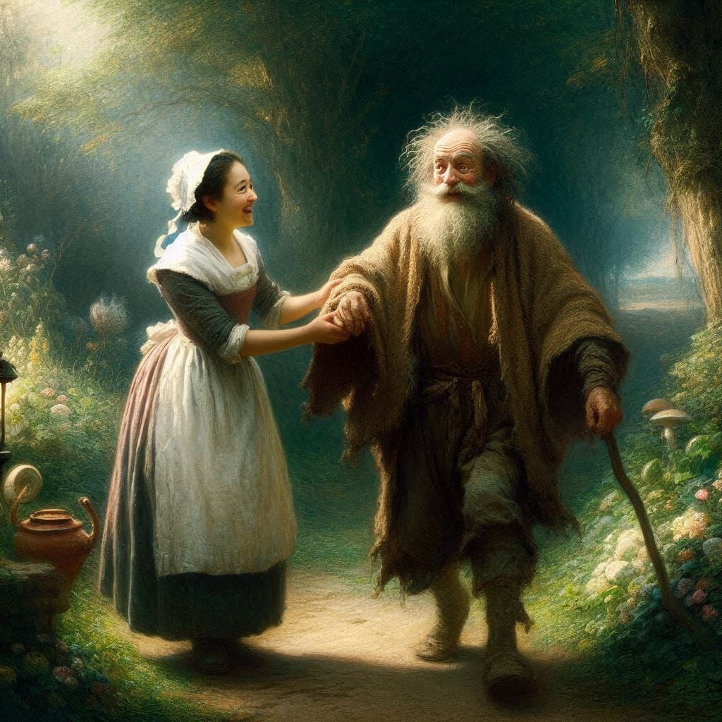 She lead the dishevelled old hermit into a lush green garden...