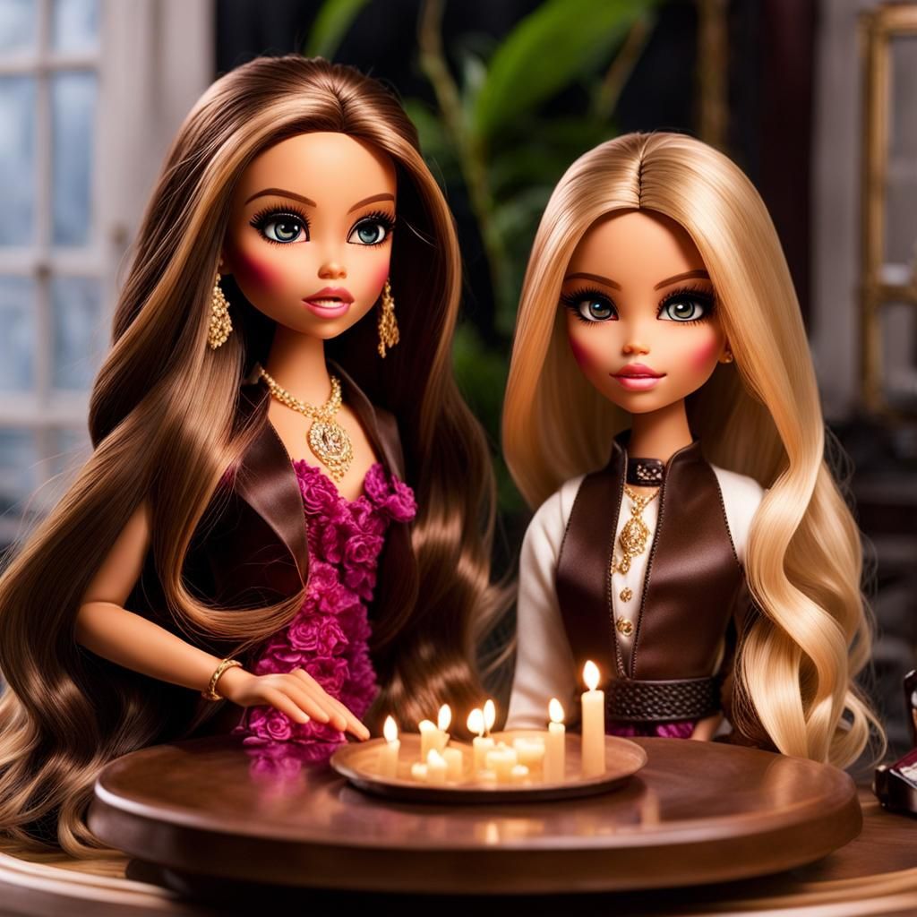 Two incredibly fashionable brunette (one  medium-brown-fading-downwards-into-dirty-blonde balayage, the other solid  dark brown) haired Bratz... - AI Generated Artwork - NightCafe Creator