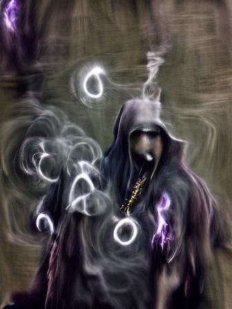 Dark secret arcane runes made of smoke rings blown by a hood...