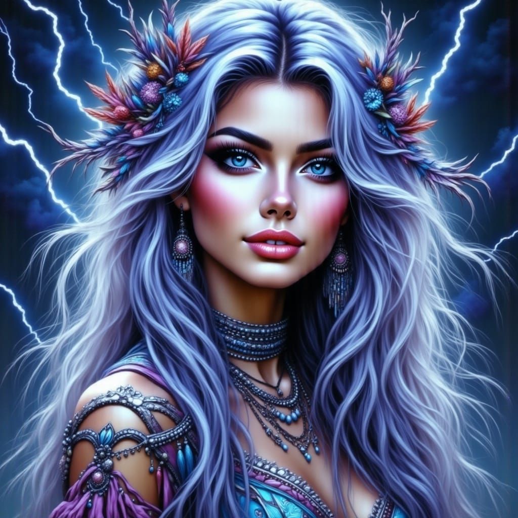 <lora:PAINT:1.0> Beautiful goddess in the middle of an epic lightening storm
