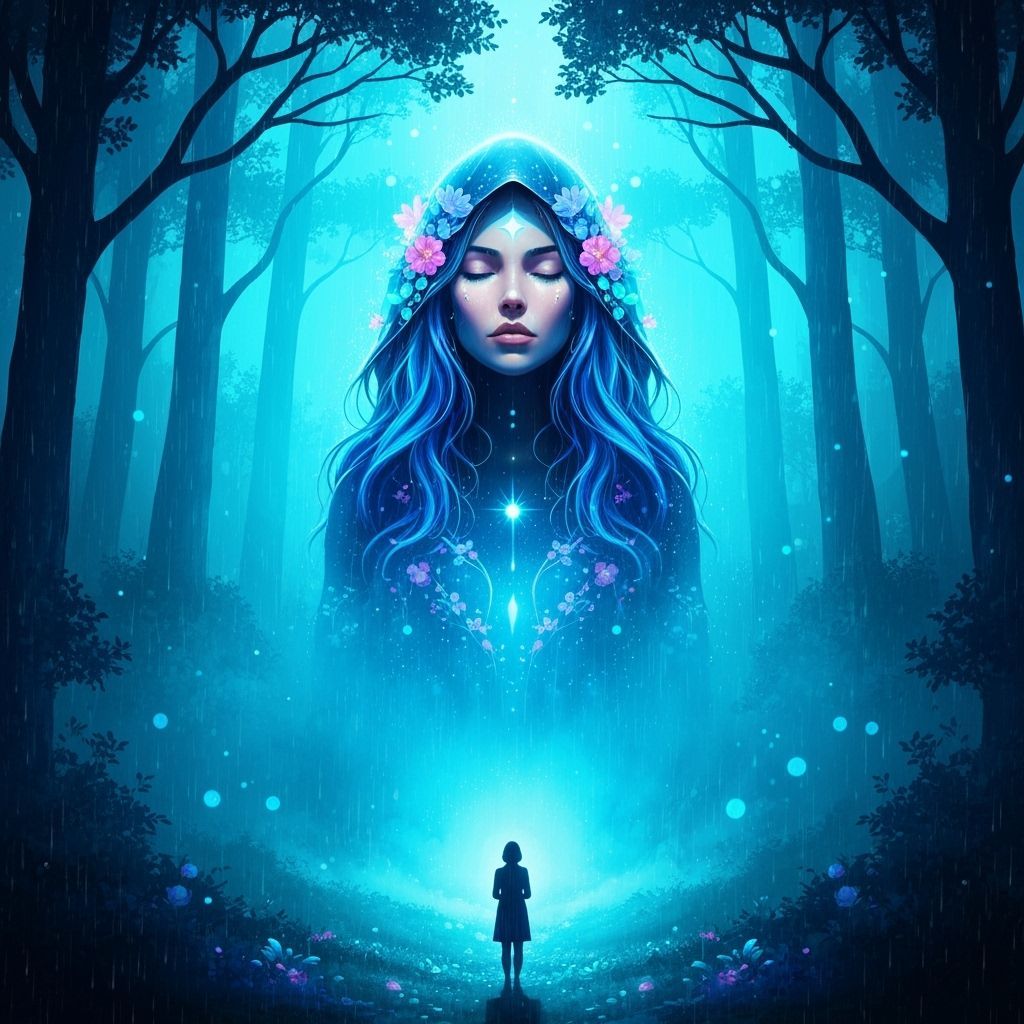 Double exposure A luminous forest drenched in ethereal mist, glowing with bioluminescent blues and soft rainfall. Inside the body of  a radi...