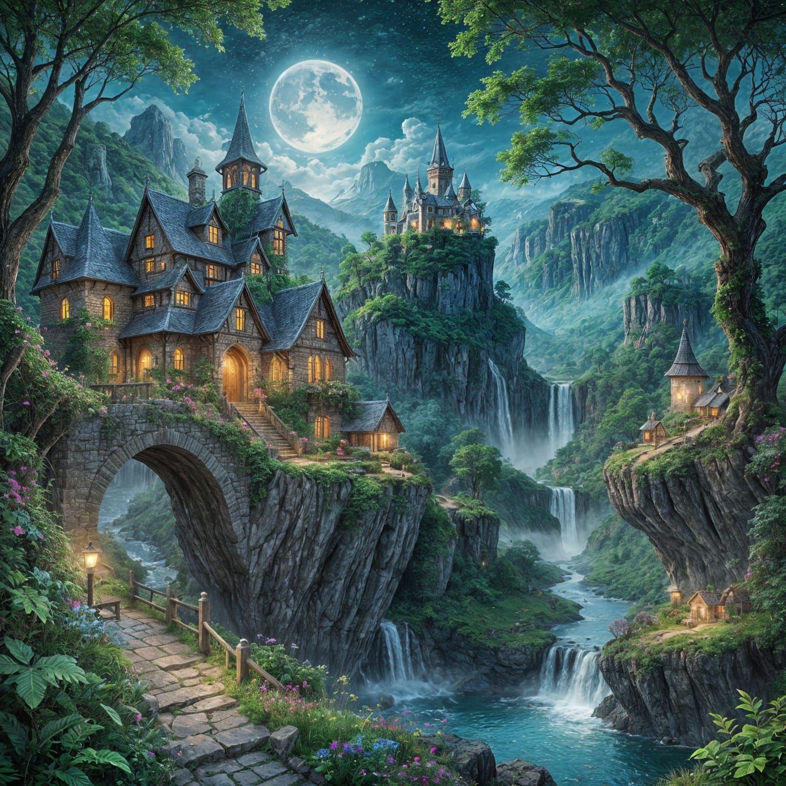 "An epic fantasy landscape with multiple levels and mystical atmosphere. In the foreground, a dramatic cliff edge with cascading waterfalls ...