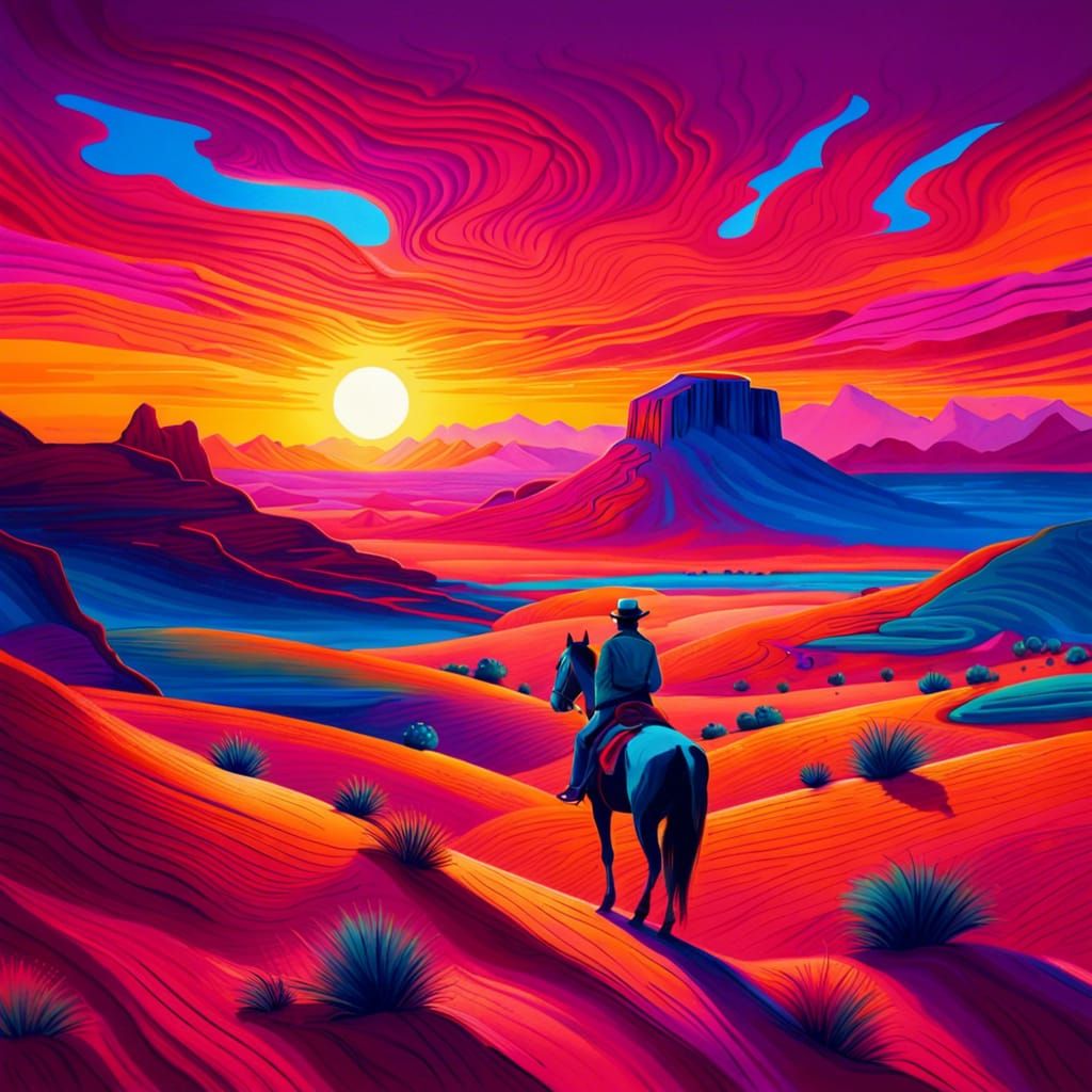 HYPERDETAILED VIBRANT COLORED SUNRISE IN A DESSERT VALLEY WITH A LONE ...