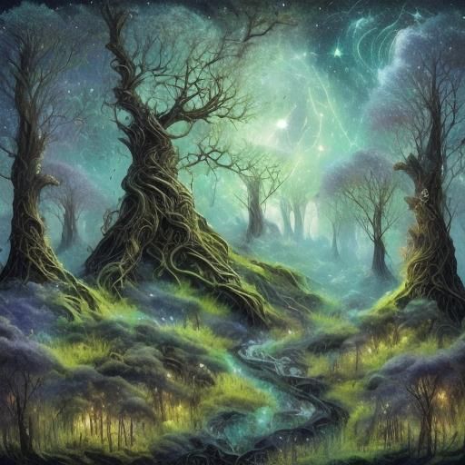 <lora:Beauty of landscape:1.0> Dark forest, detailed and intricate fantasy forest at night with sparkly lights, black sky, dark black