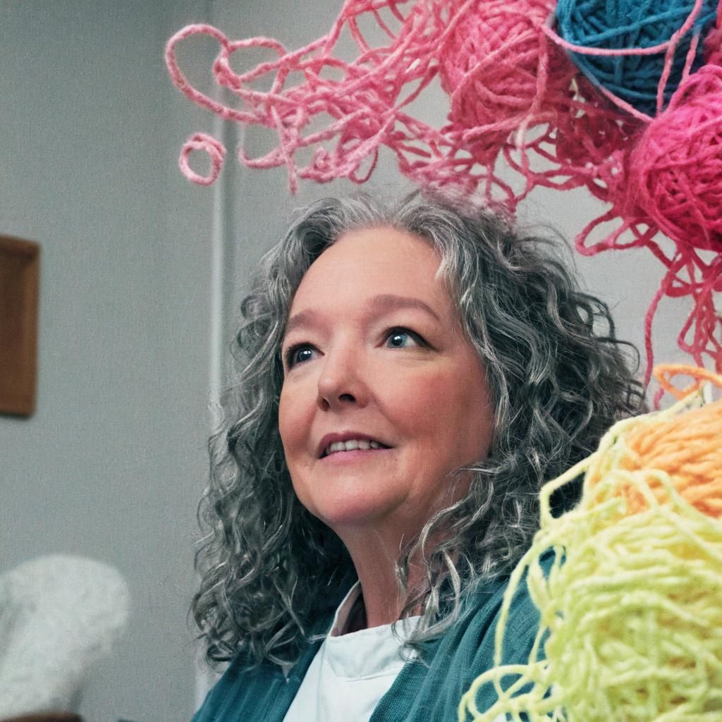 Close up portrait of a chef <Subject> crocheting. Cozy livin...