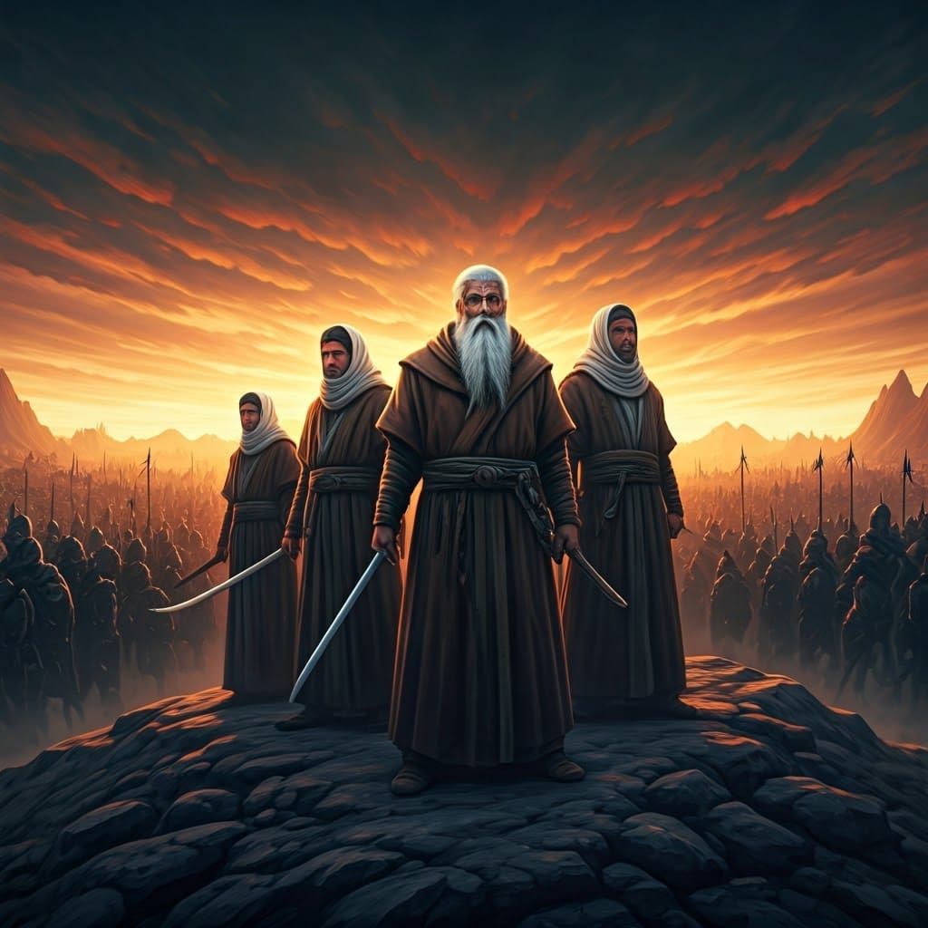 Elder Warriors Stand Vigilant atop a Hill of Contrasting Lan...