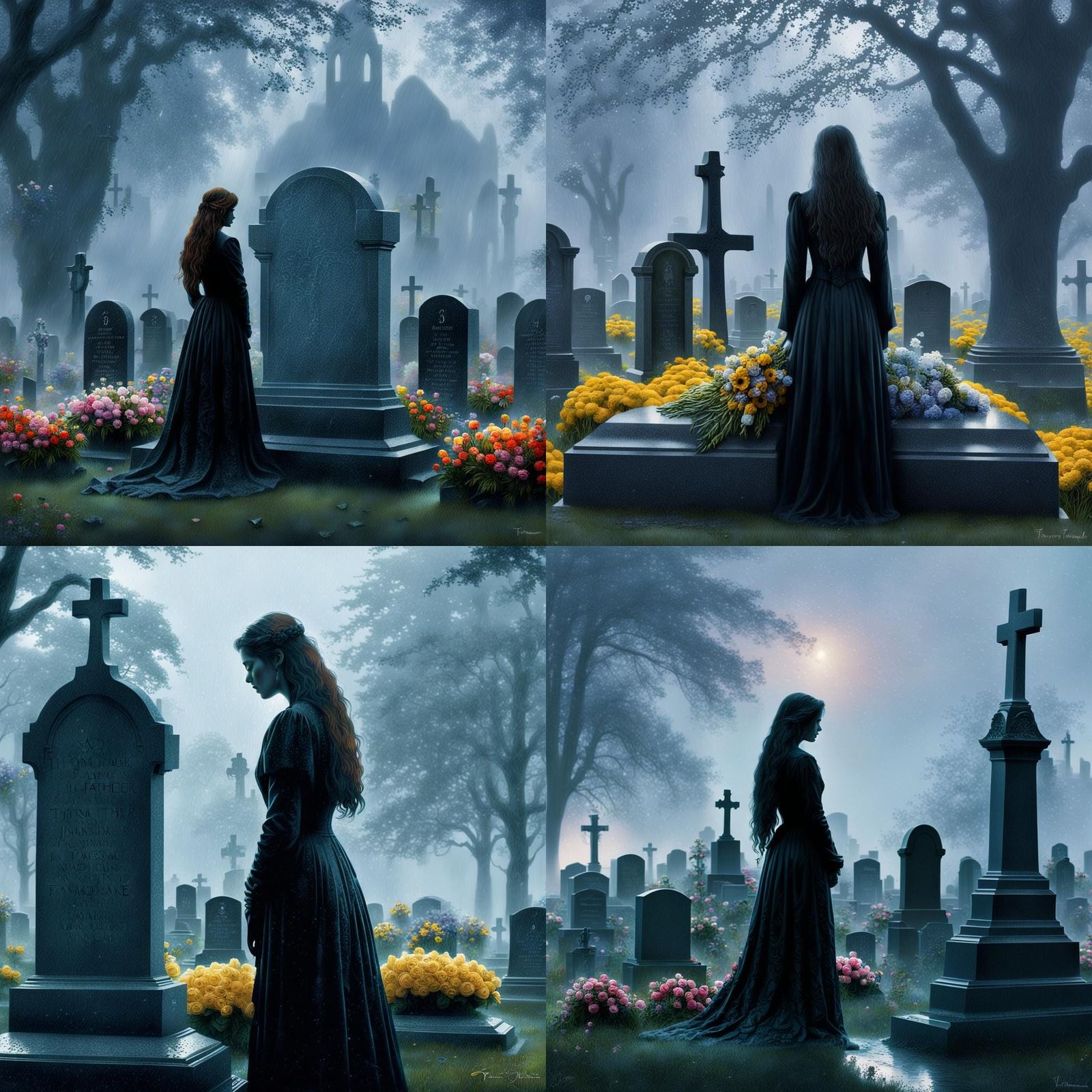 gravestone, young woman, long hair, silhouette, sad, flowers on the ...