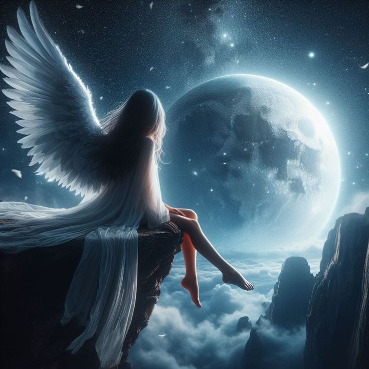 Angel girl sitting at the edge of a cliff and admiring the m...