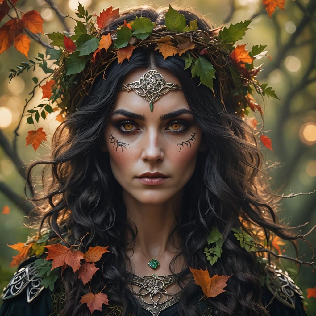 Celtic deity Morrigan, surrounded by elements of nature.  by @Wawone