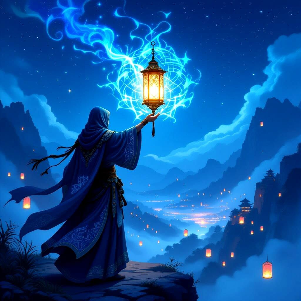 A mystical warrior, clad in robes adorned with celestial patterns, holds aloft a radiant, magical lantern that casts intricate, shifting sha...
