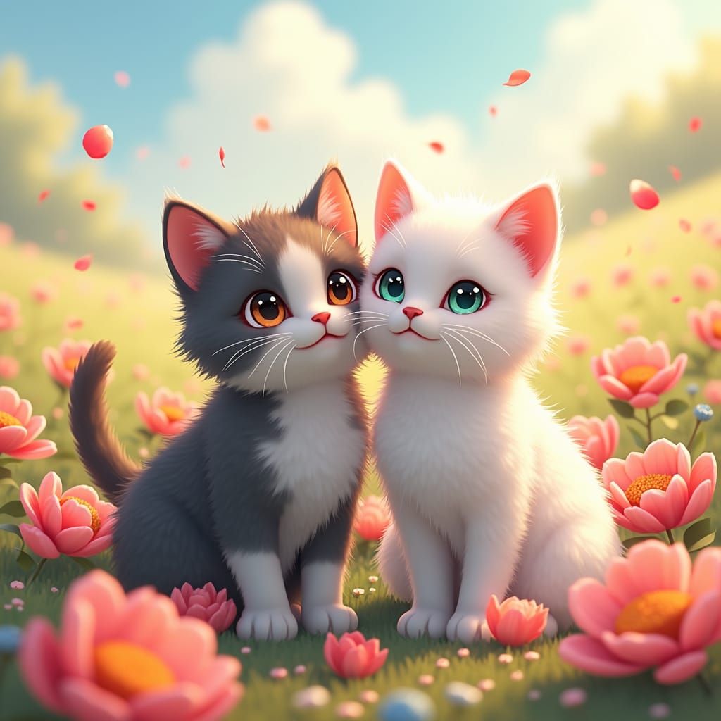 Cats in Flower Field, Anime Style 3D Render