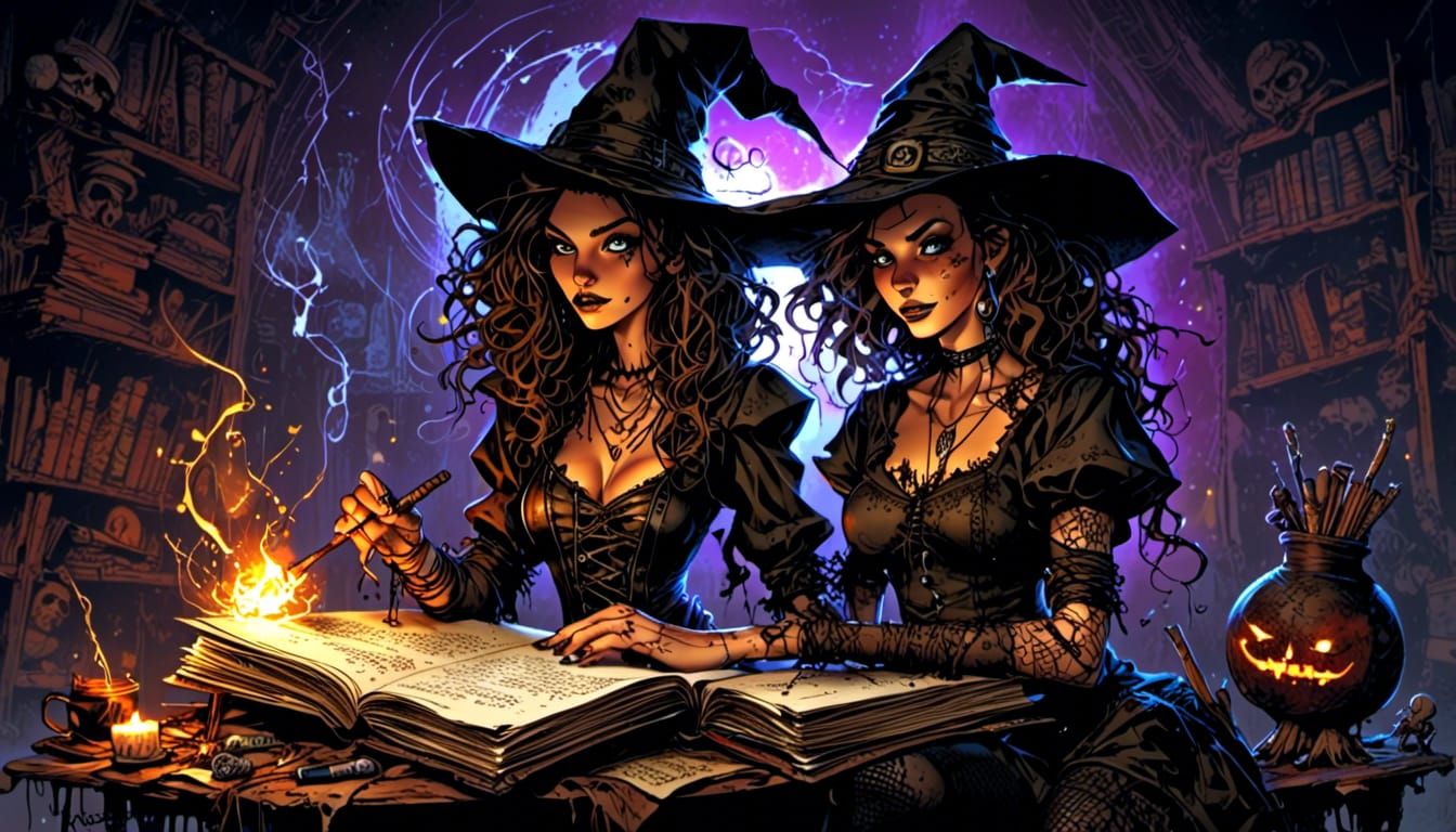 Punk Witch with Spellbook: Whimsical Digital Art