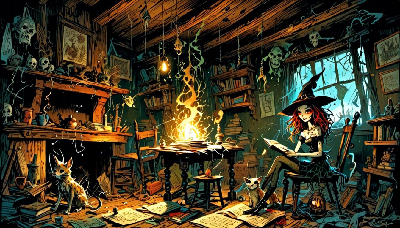 Punk Witch in Cozy Cottage, Digital Art