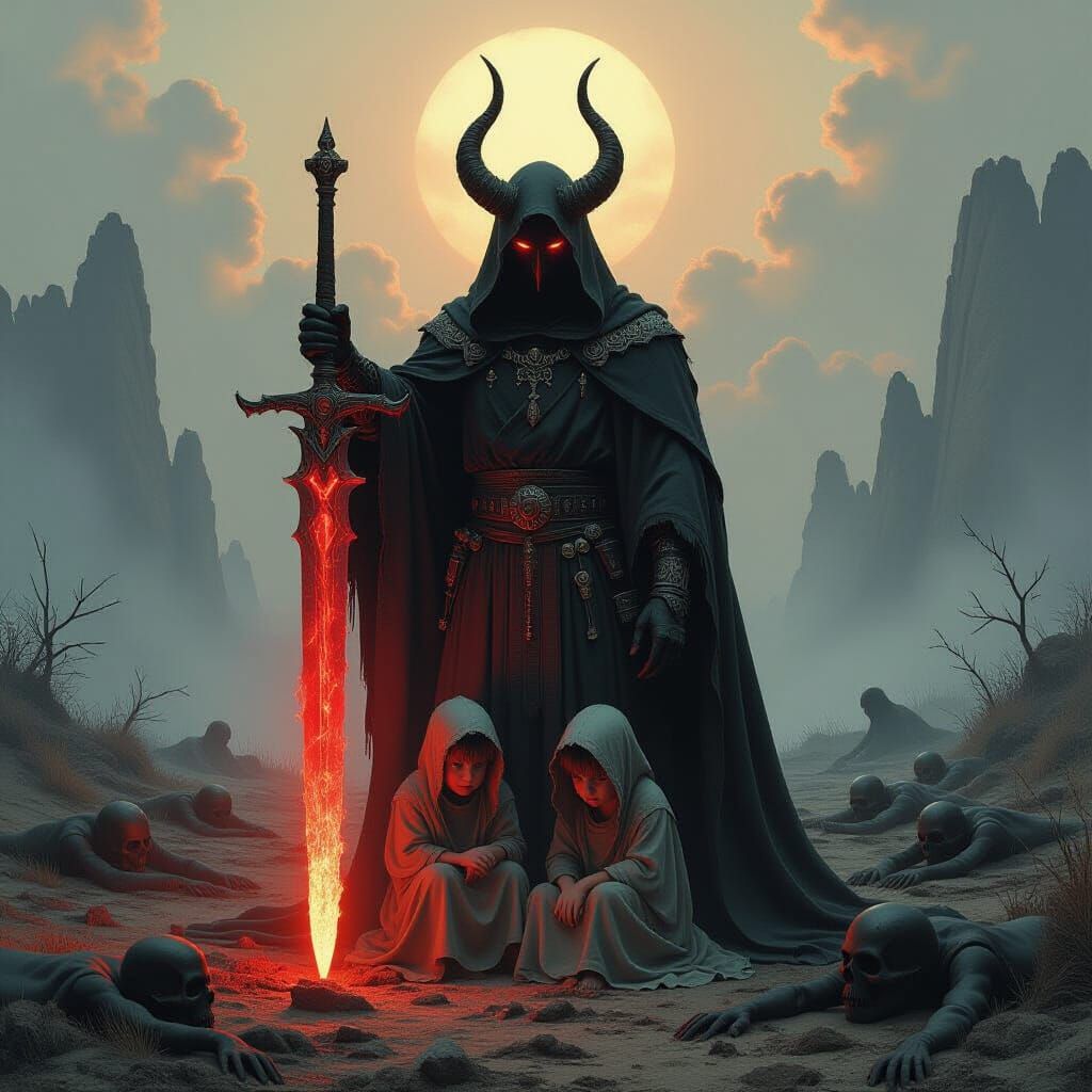 on the wastelands of the hellish plain stands a demon, with a fiery sword, two frightened children, whom he protects, are huddled at his fee...