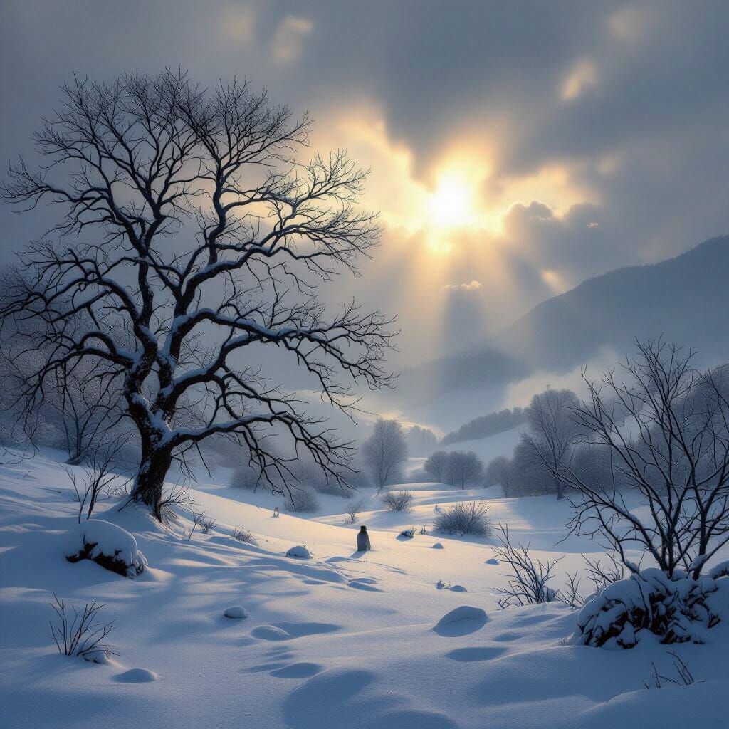 Majestic Winter Landscape with Ethereal Sunshine