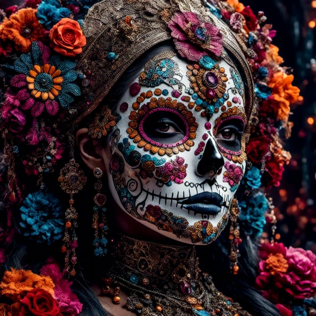 <lora:Test1:1.0> <lora:SugarSkullMemorials:1.0> create an artwork that captures the breathtaking patern of "El Dia de los muertos" with a de...