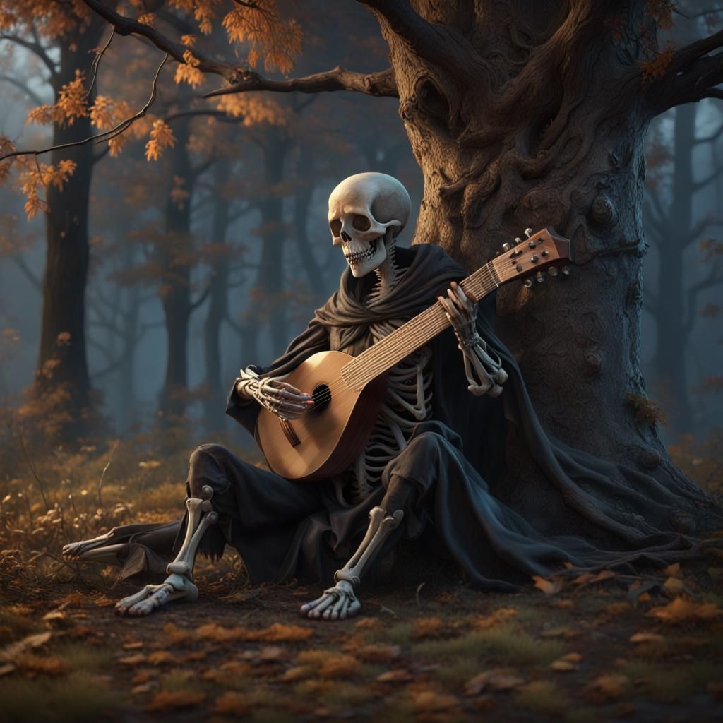 Skeleton of a bard, playing a lute under a tree, dark forest...