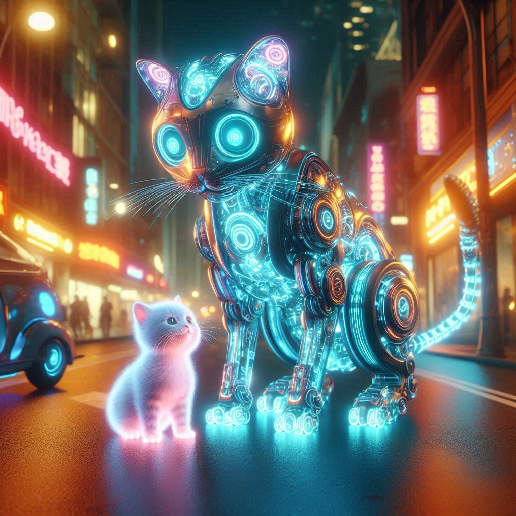 cyberpunk cat and kitten