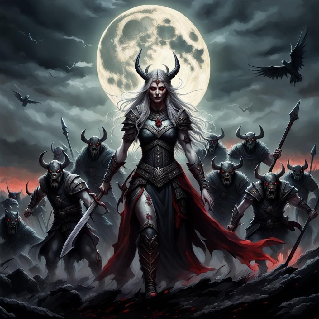 "Norse myth goddess Hel, raising a horde of undead warriors ...