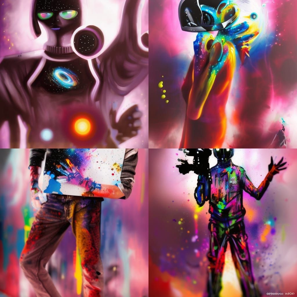 A Cyber Person holding a galaxy graffiti art, splash art, street art