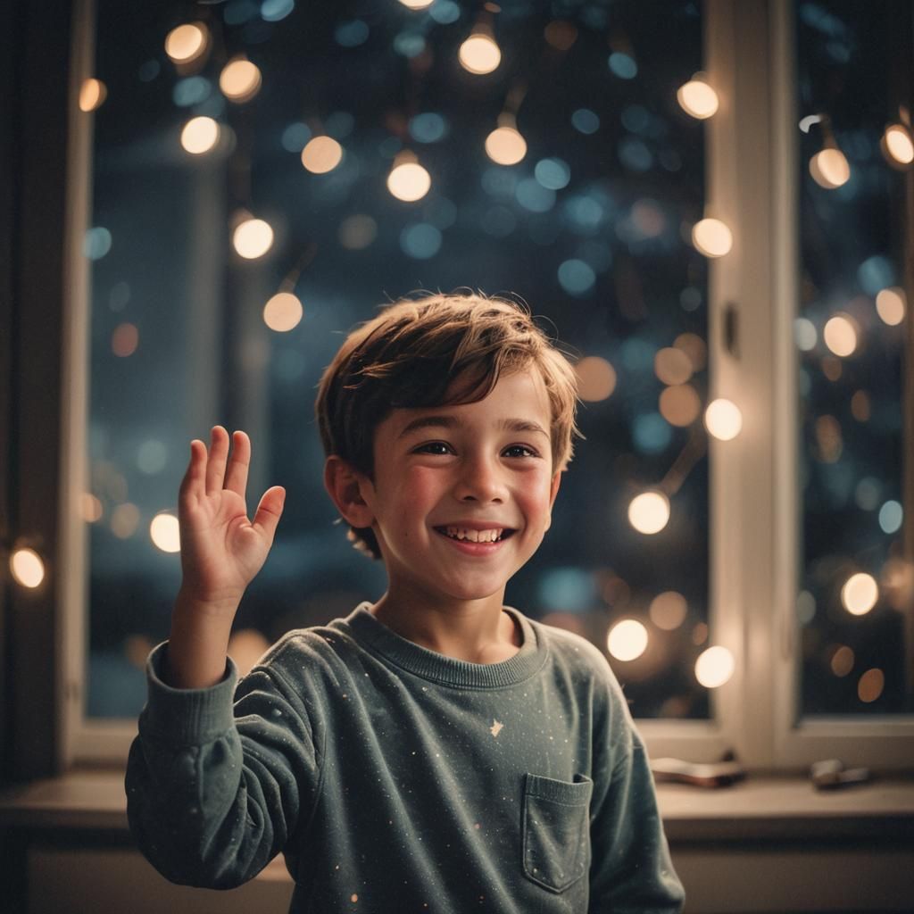 Nighttime Portrait: Boy Waving Goodnight in Moonlight