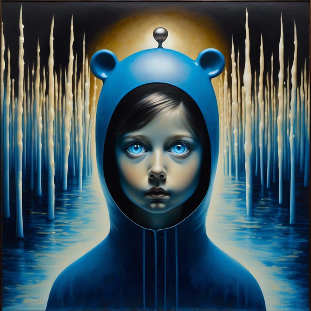 <lora:BearZFX0LampEyes:1.0> Artist: Tyler Rayburn
Title: "Dreamers and Far Away Dreams"
Medium: encaustic
Prompt: [background (horrific plac...